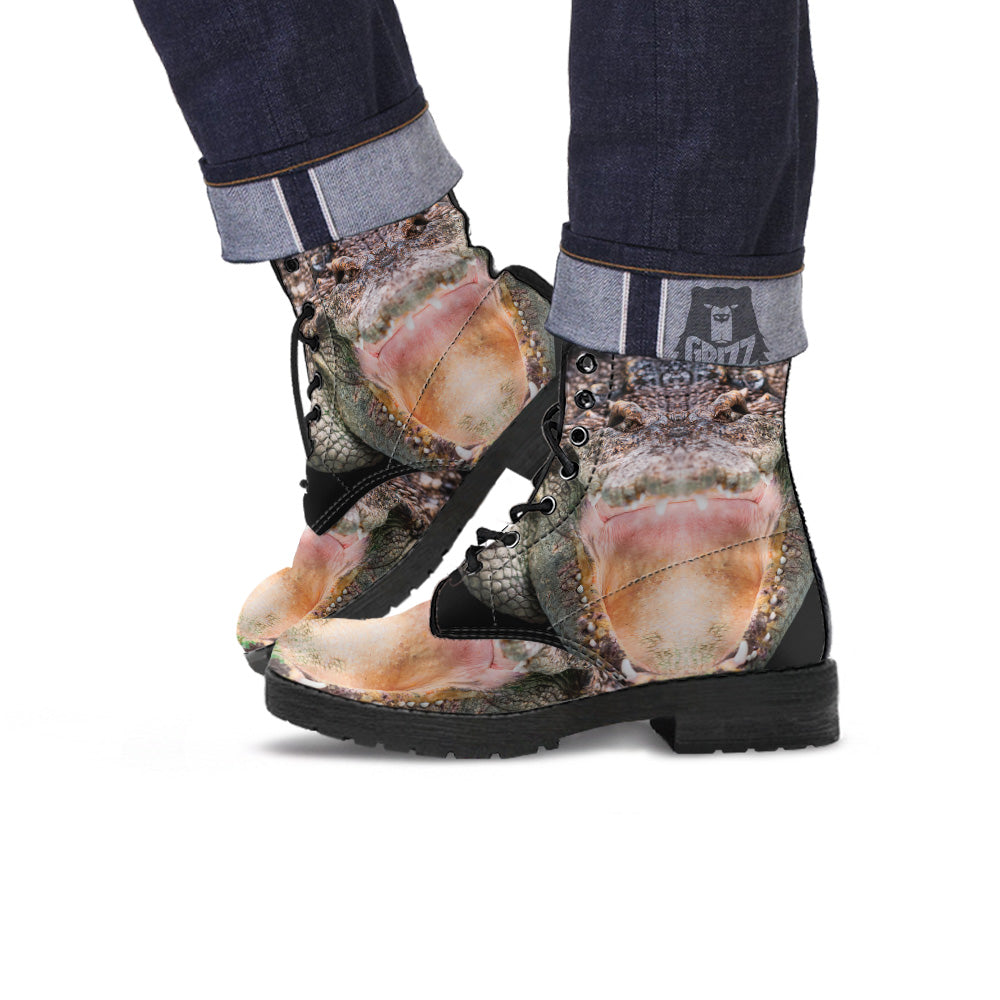 Portrait Crocodile Print Leather Boots-grizzshop