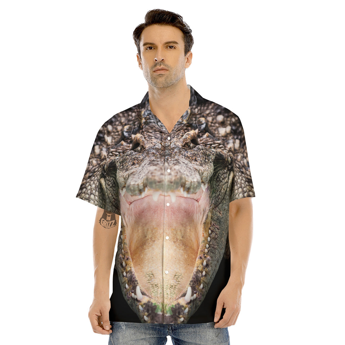 Portrait Crocodile Print Men's Hawaiian Shirt-grizzshop