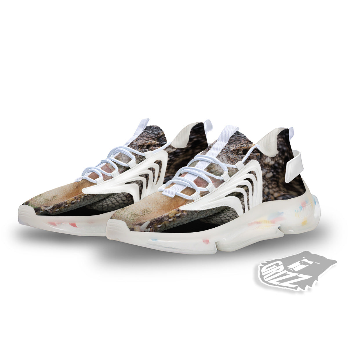 Portrait Crocodile Print White Gym Shoes-grizzshop