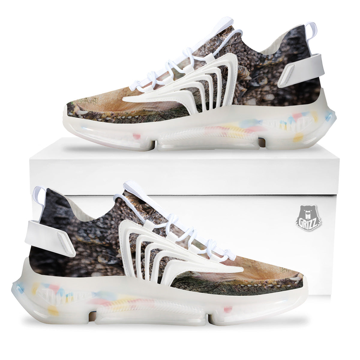 Portrait Crocodile Print White Gym Shoes-grizzshop