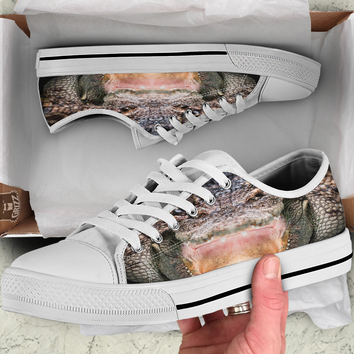 Portrait Crocodile Print White Low Top Shoes-grizzshop