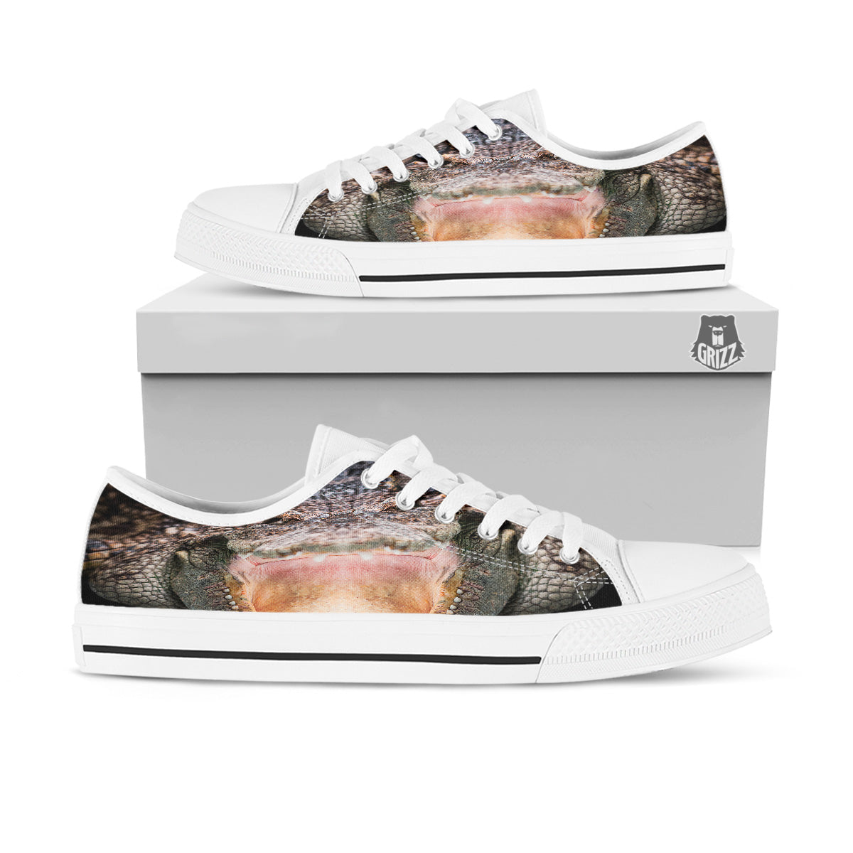 Portrait Crocodile Print White Low Top Shoes-grizzshop