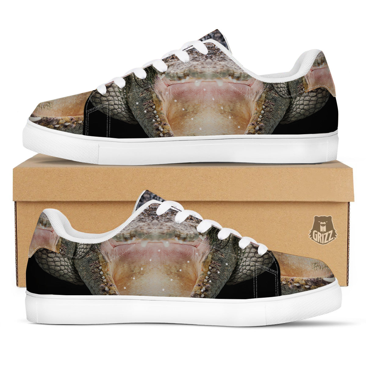 Portrait Crocodile Print White Low Top Sneakers-grizzshop