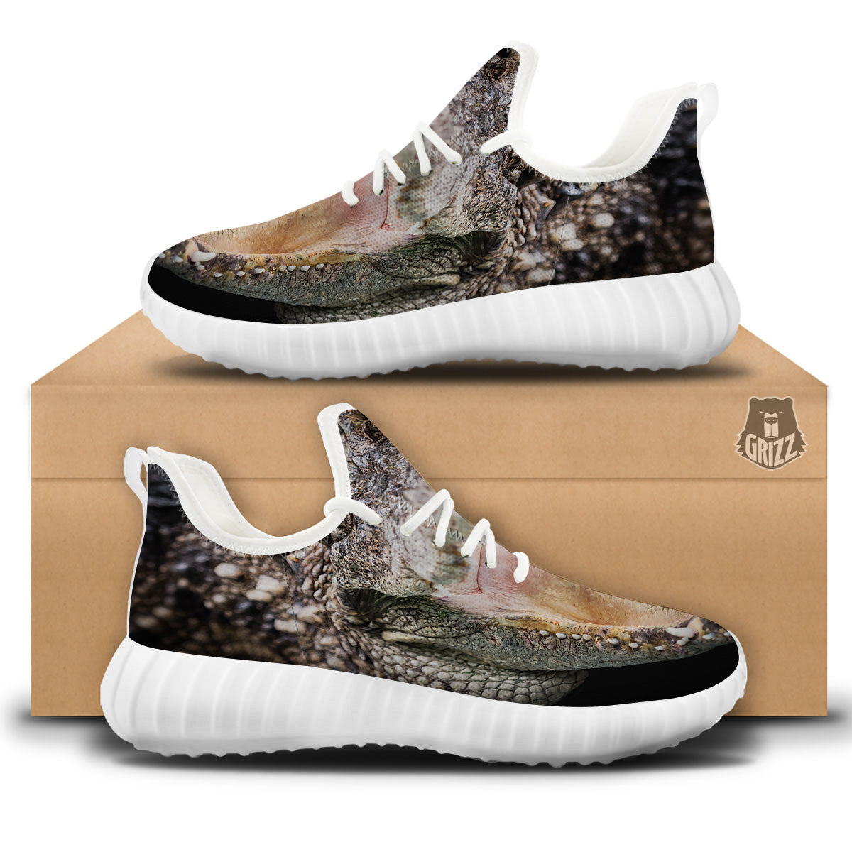 Portrait Crocodile Print White Walking Shoes-grizzshop