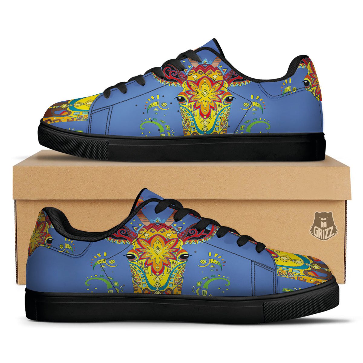 Portrait Giraffe Colorful Print Black Low Top Sneakers-grizzshop