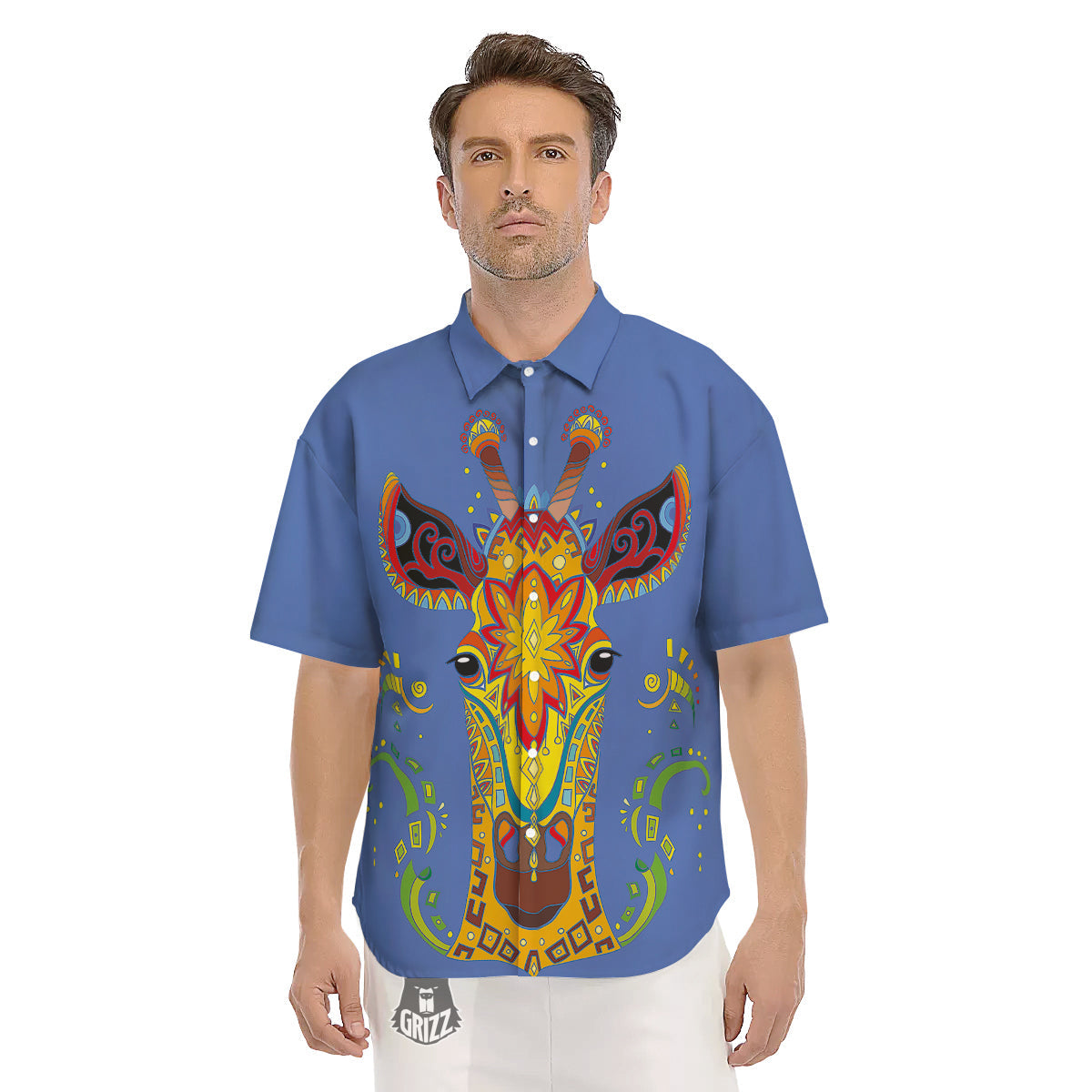 Portrait Giraffe Colorful Print Men's Short Sleeve Shirts-grizzshop