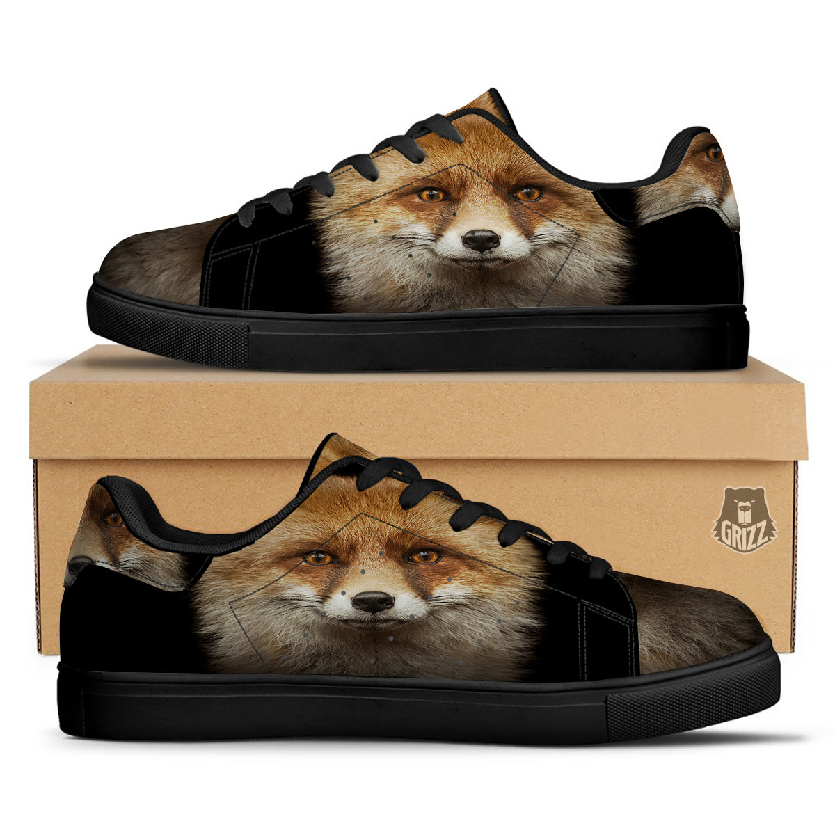 Portrait Head Fox Print Black Low Top Sneakers-grizzshop