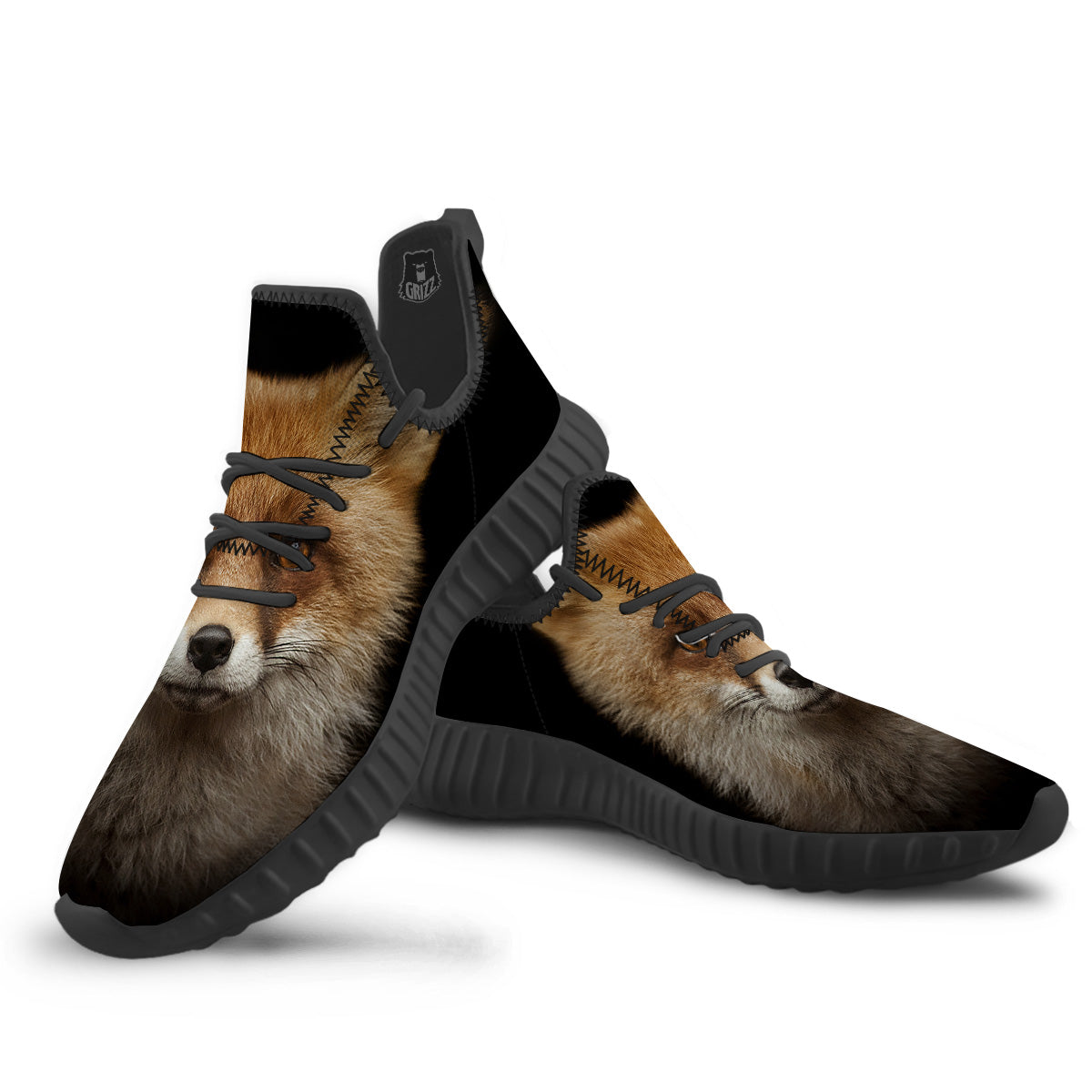 Portrait Head Fox Print Black Walking Shoes-grizzshop
