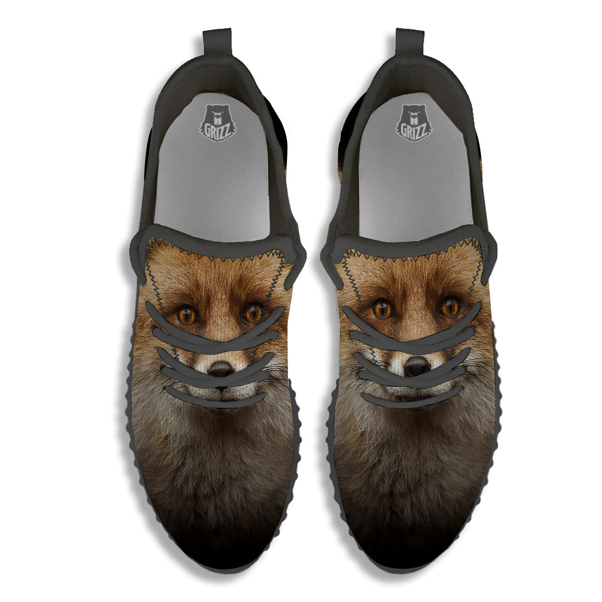Portrait Head Fox Print Black Walking Shoes-grizzshop