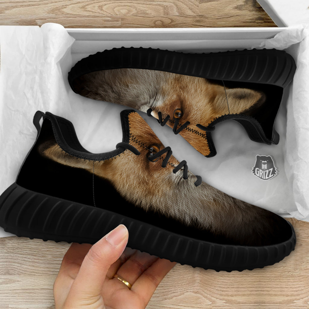 Portrait Head Fox Print Black Walking Shoes-grizzshop