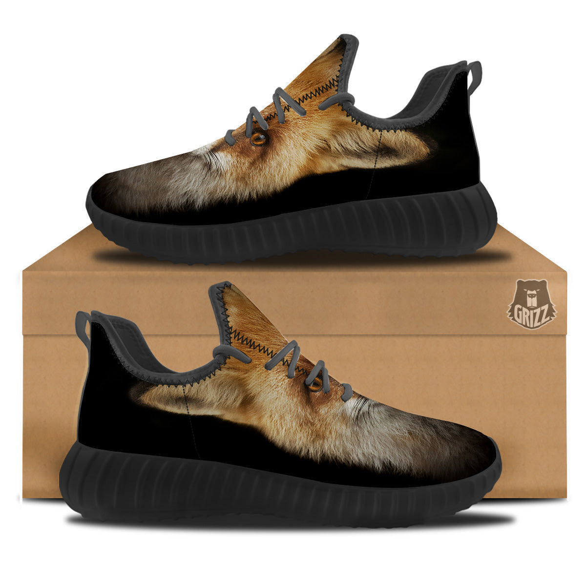 Portrait Head Fox Print Black Walking Shoes-grizzshop