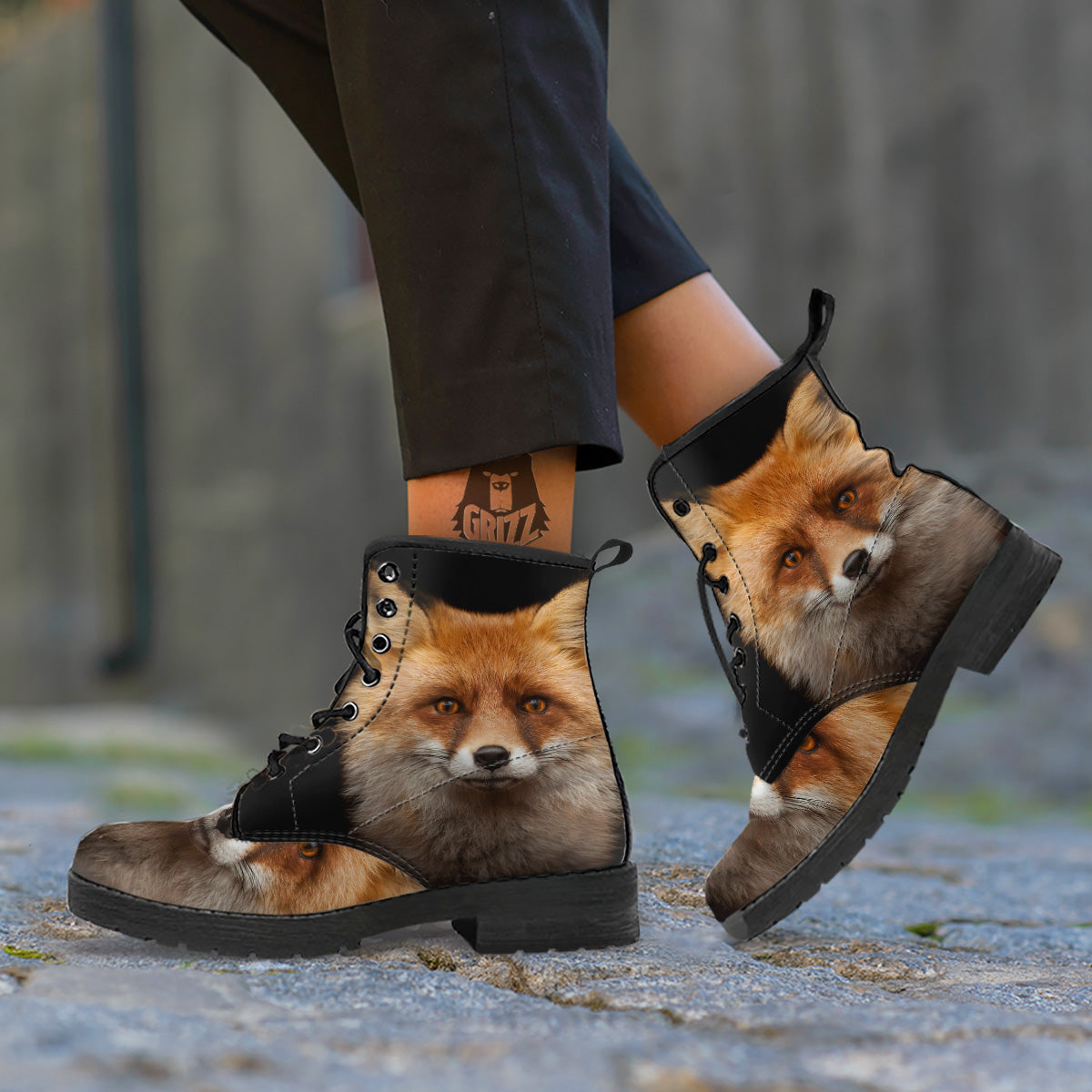 Portrait Head Fox Print Leather Boots-grizzshop
