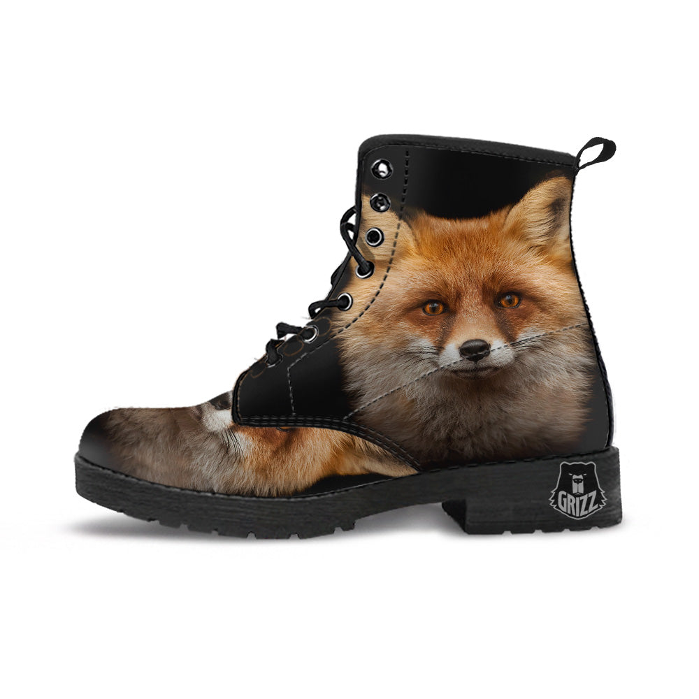 Portrait Head Fox Print Leather Boots-grizzshop