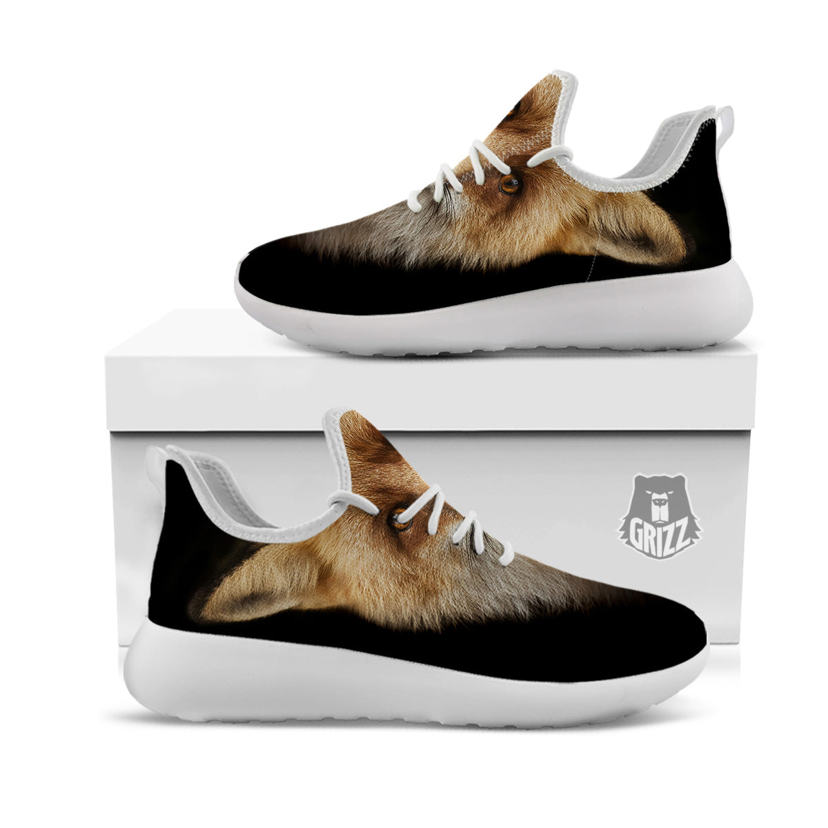 Portrait Head Fox Print White Athletic Shoes-grizzshop