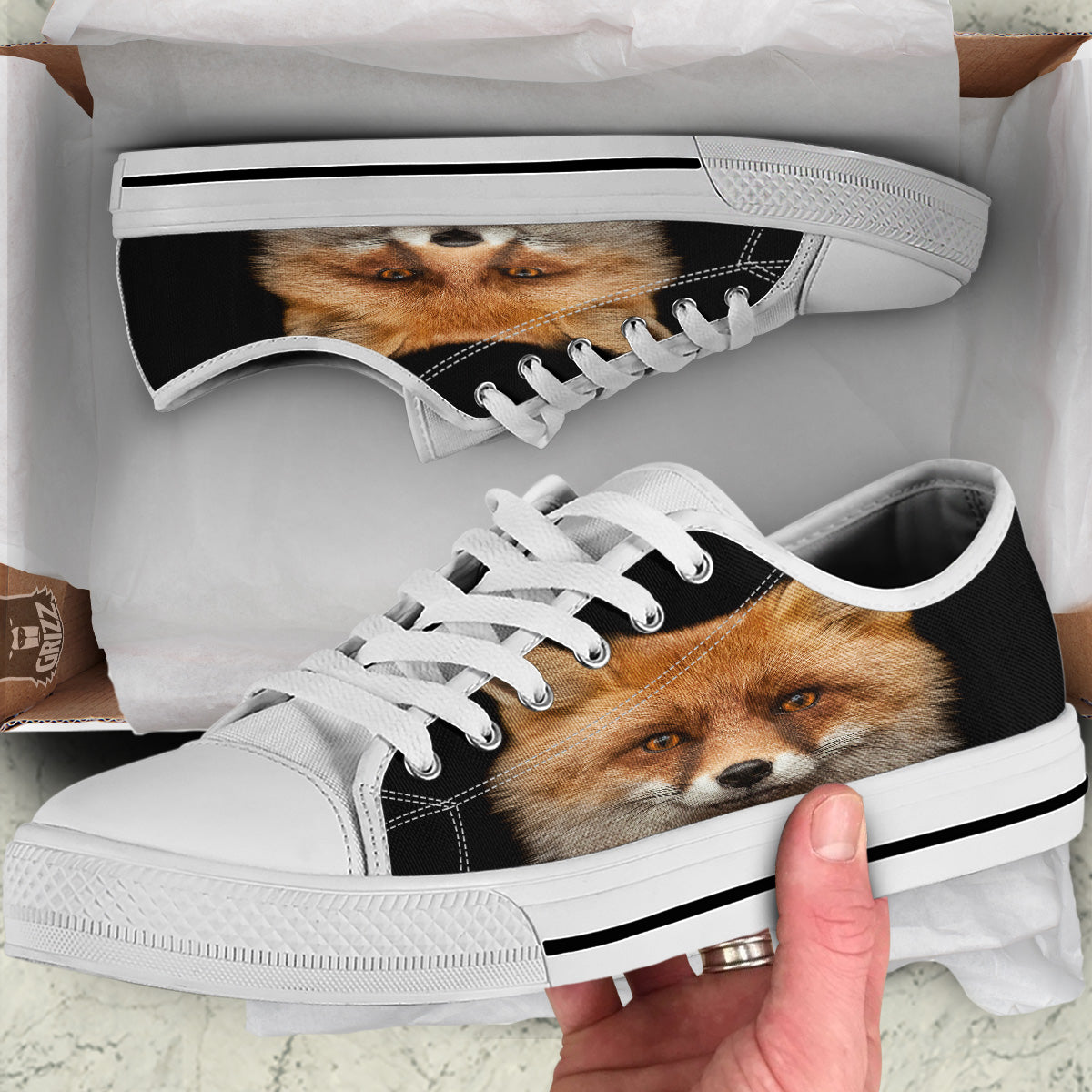 Portrait Head Fox Print White Low Top Shoes-grizzshop