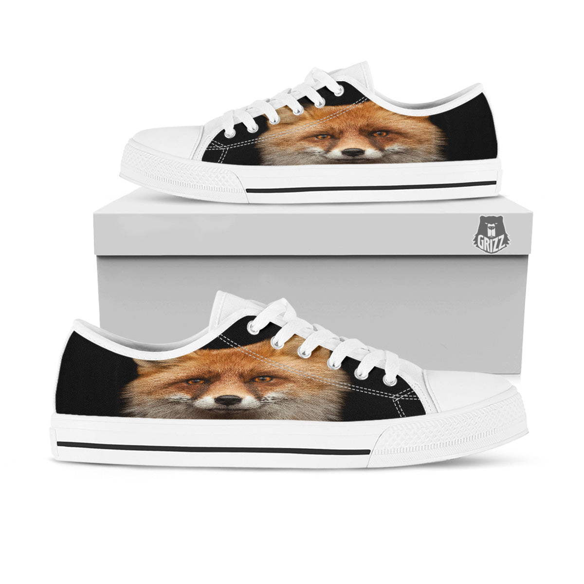 Portrait Head Fox Print White Low Top Shoes-grizzshop