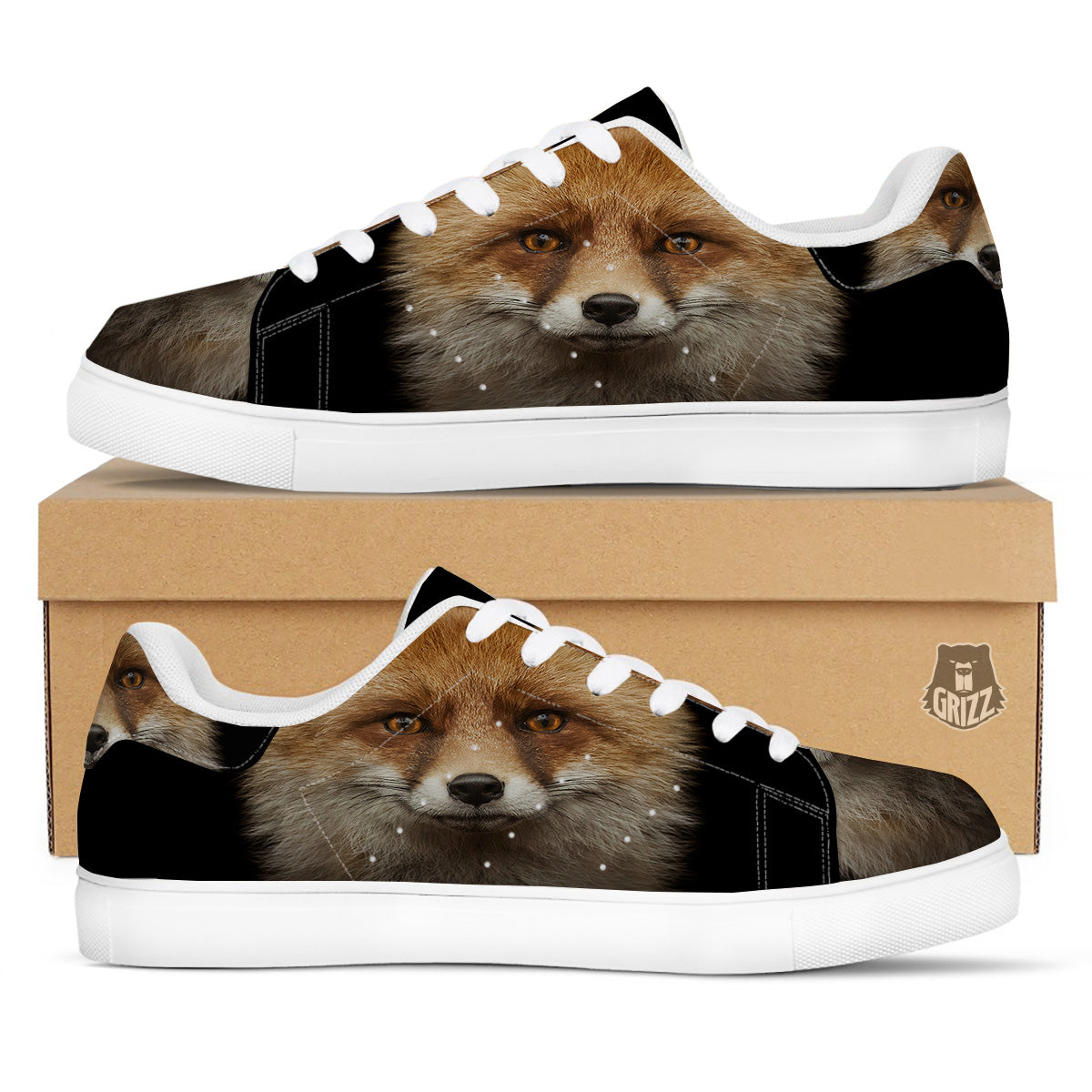 Portrait Head Fox Print White Low Top Sneakers-grizzshop