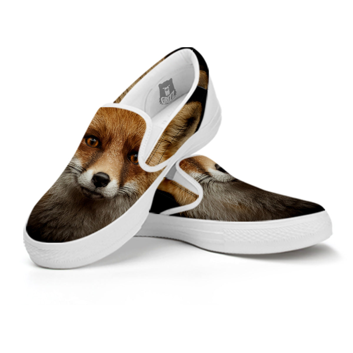 Portrait Head Fox Print White Slip On Shoes-grizzshop