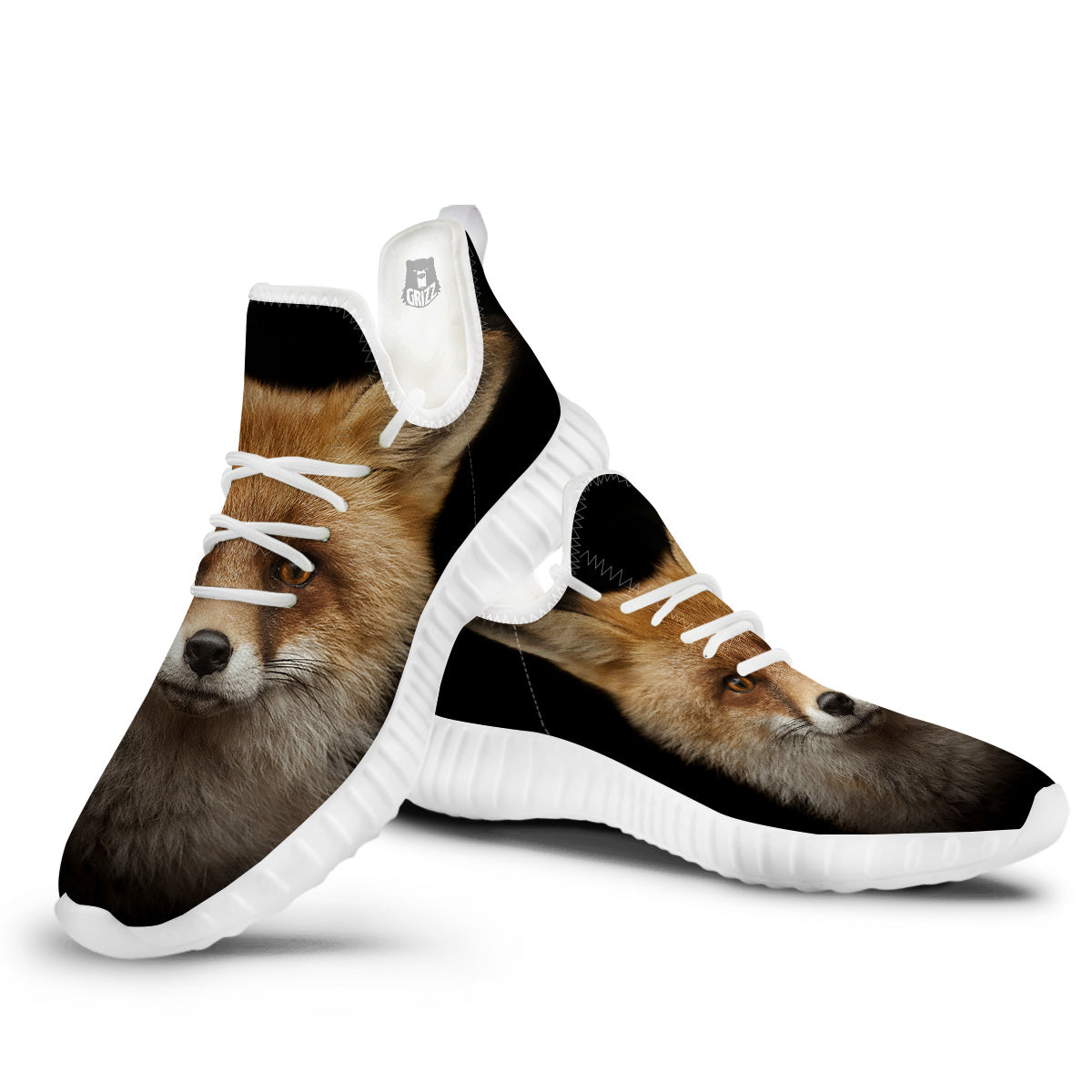 Portrait Head Fox Print White Walking Shoes-grizzshop