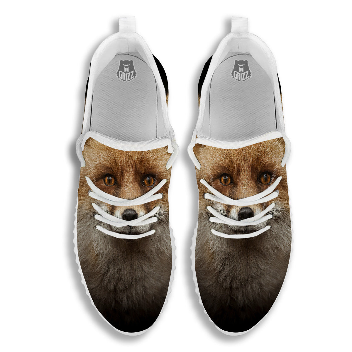Portrait Head Fox Print White Walking Shoes-grizzshop