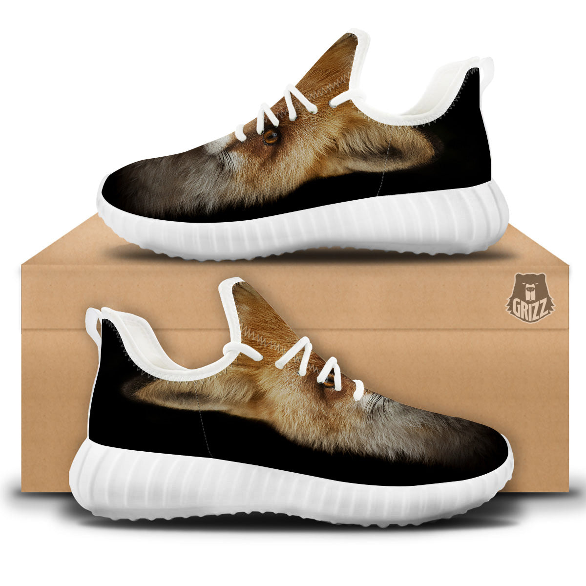 Portrait Head Fox Print White Walking Shoes-grizzshop