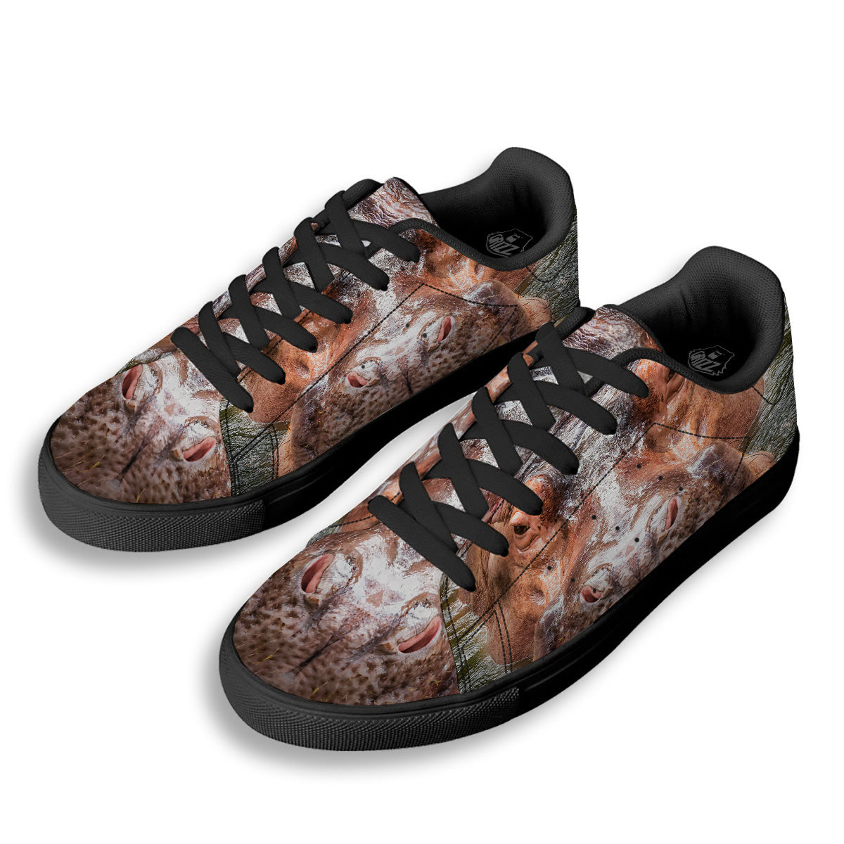 Portrait Hippo Print Black Low Top Sneakers-grizzshop