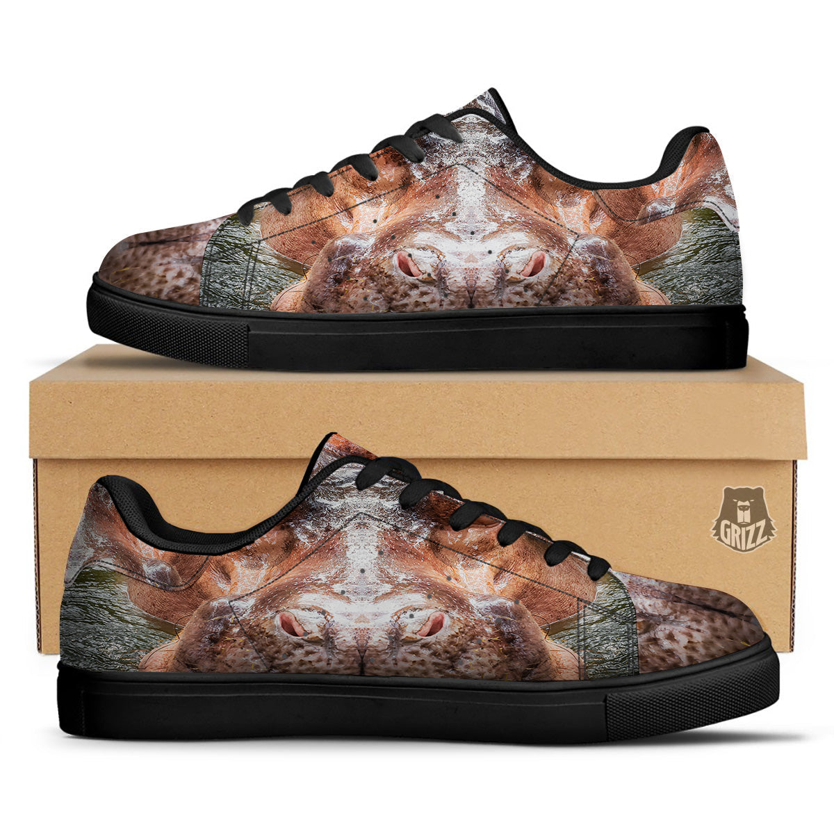 Portrait Hippo Print Black Low Top Sneakers-grizzshop
