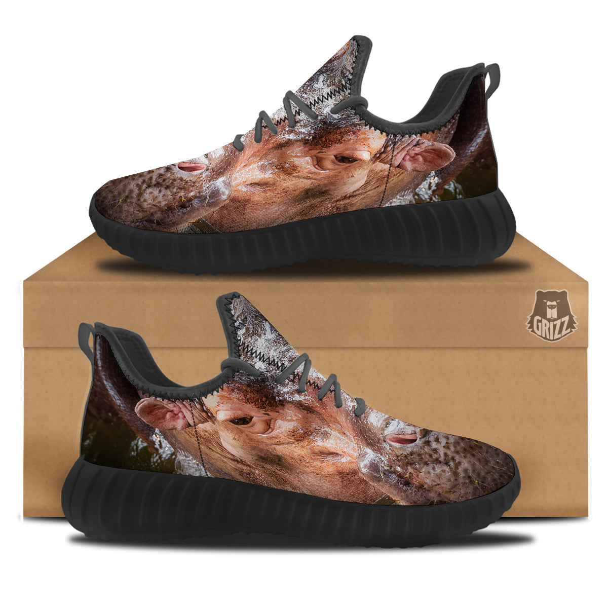 Portrait Hippo Print Black Walking Shoes-grizzshop