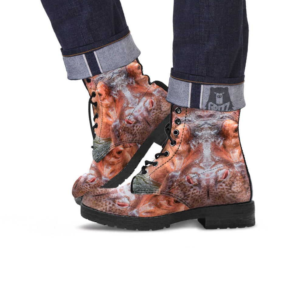 Portrait Hippo Print Leather Boots-grizzshop