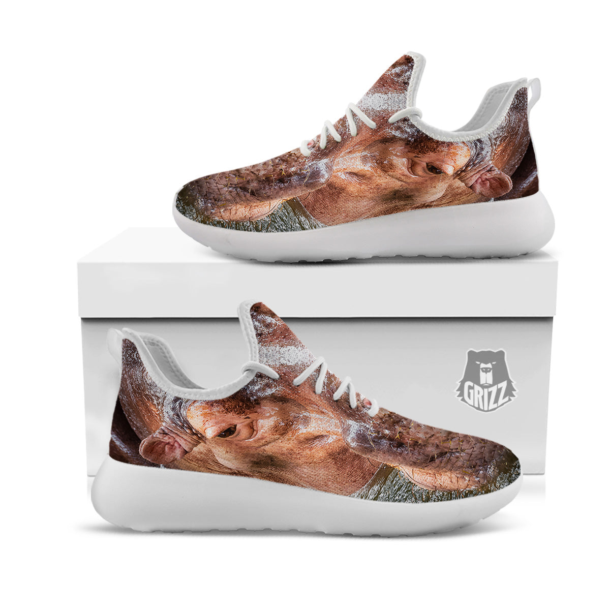 Portrait Hippo Print White Athletic Shoes-grizzshop