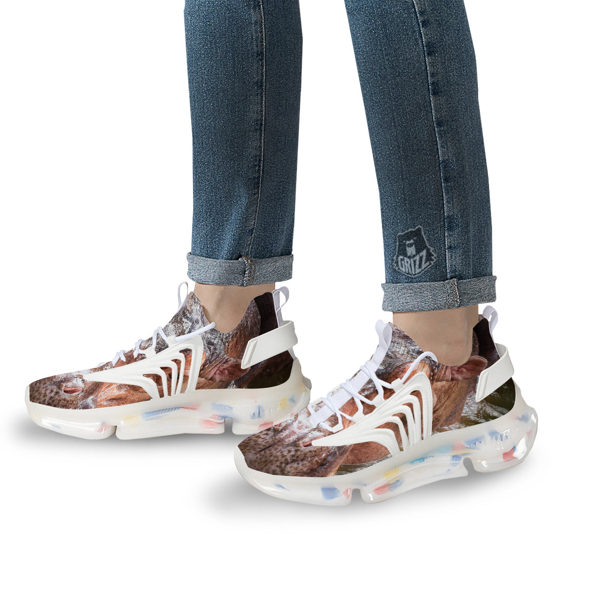 Portrait Hippo Print White Gym Shoes-grizzshop