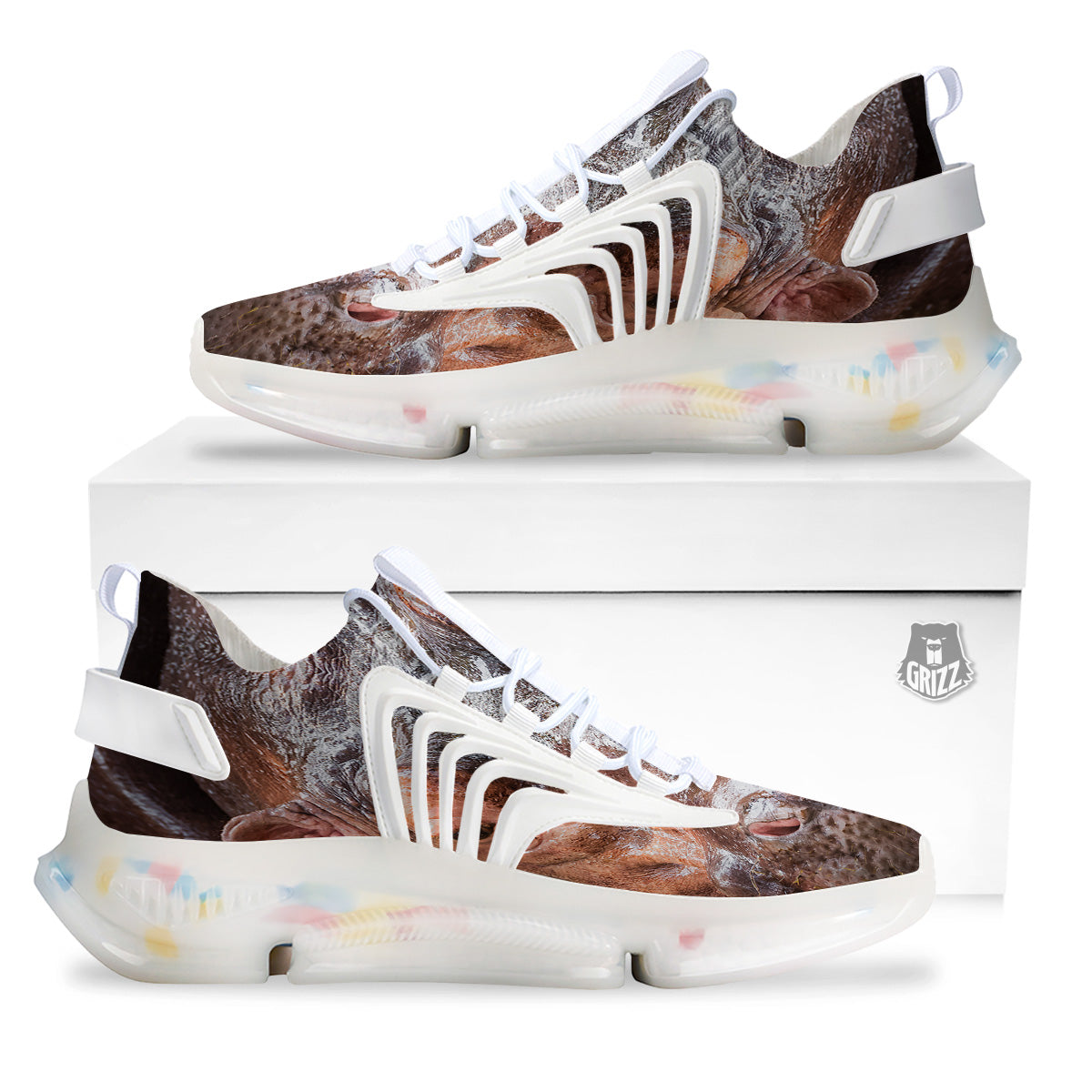 Portrait Hippo Print White Gym Shoes-grizzshop
