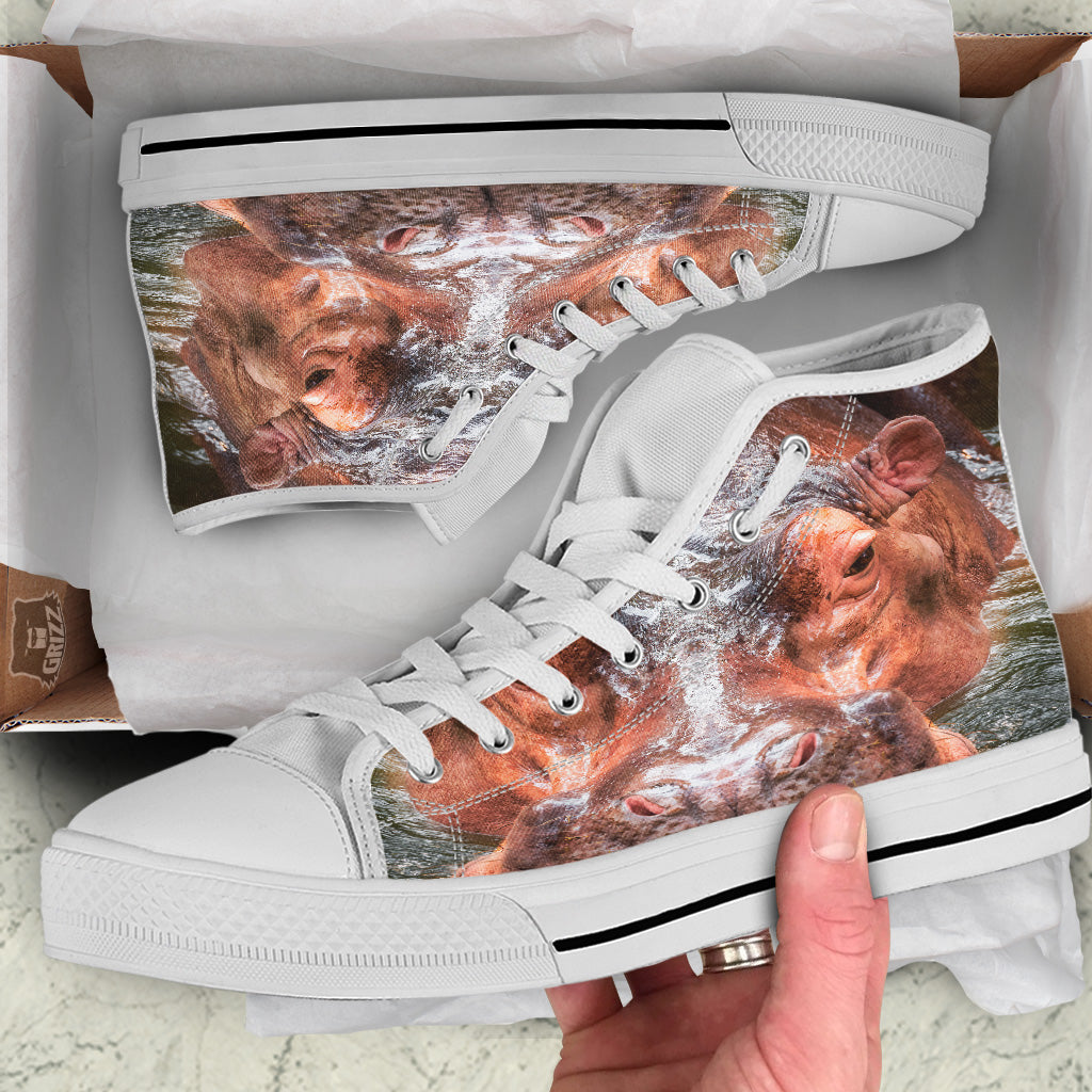 Portrait Hippo Print White High Top Shoes-grizzshop