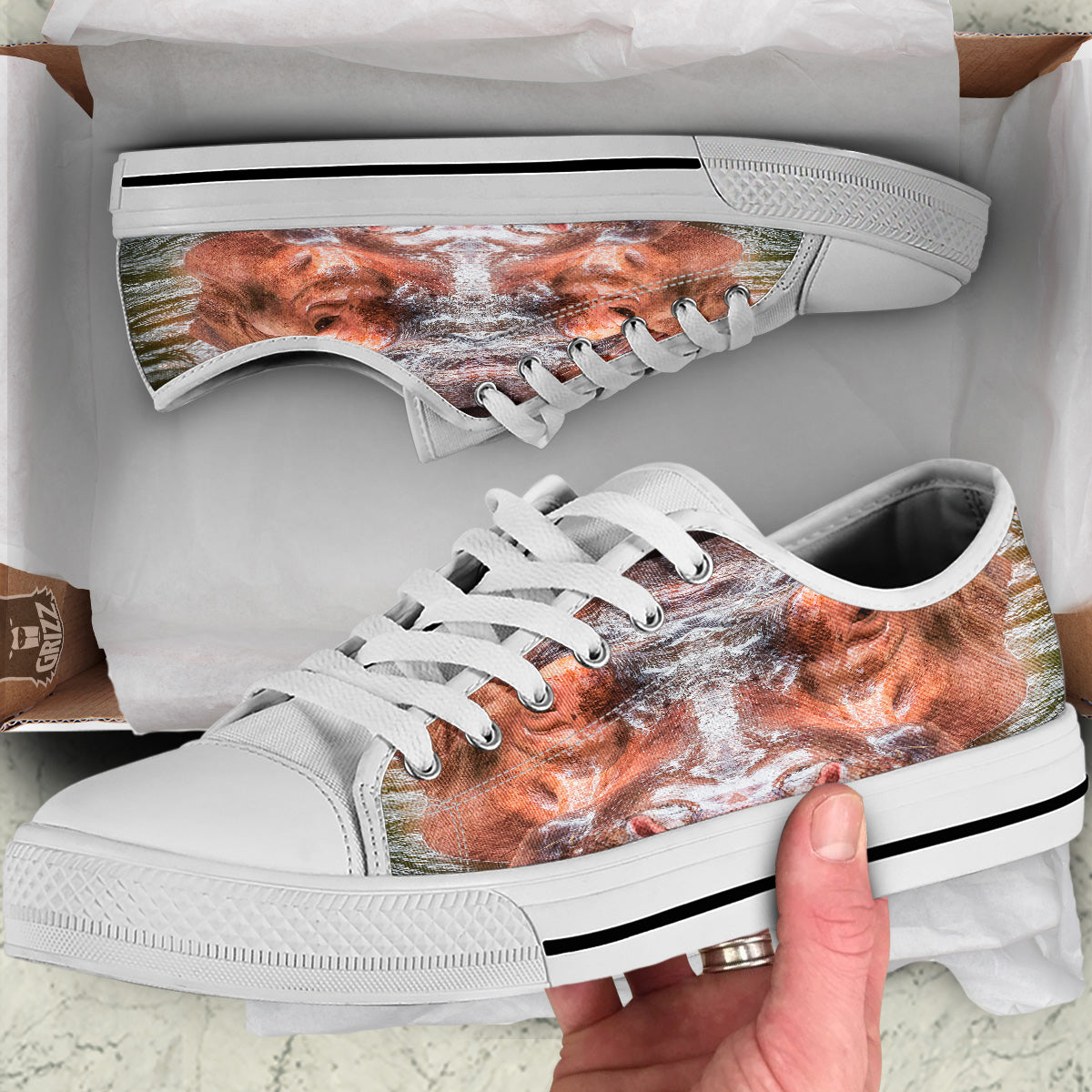 Portrait Hippo Print White Low Top Shoes-grizzshop