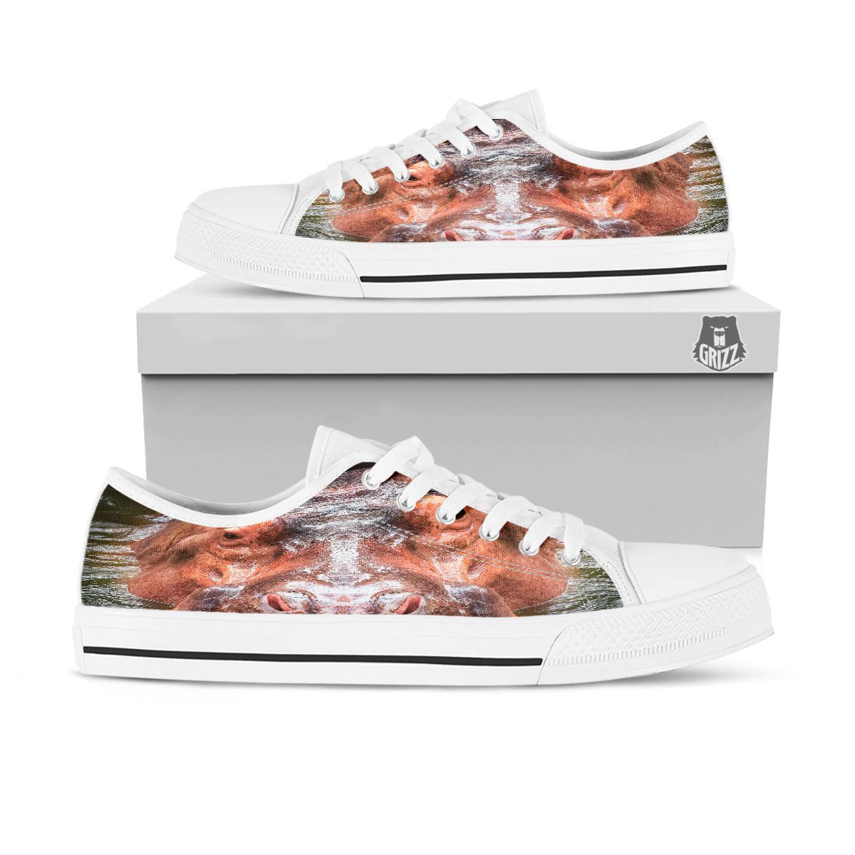 Portrait Hippo Print White Low Top Shoes-grizzshop