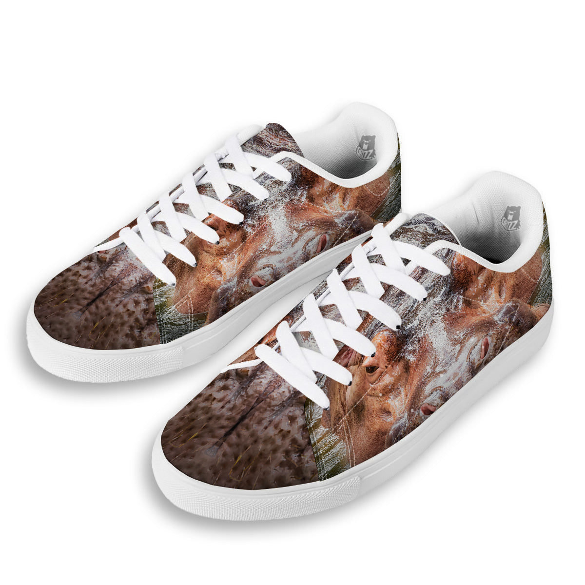 Portrait Hippo Print White Low Top Sneakers-grizzshop