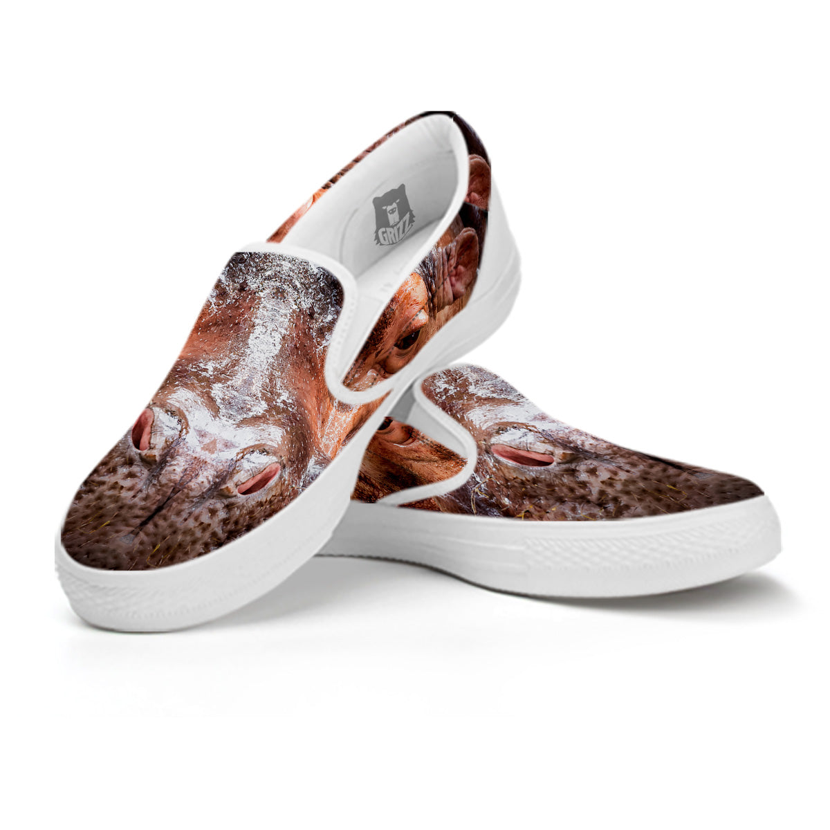 Portrait Hippo Print White Slip On Shoes-grizzshop