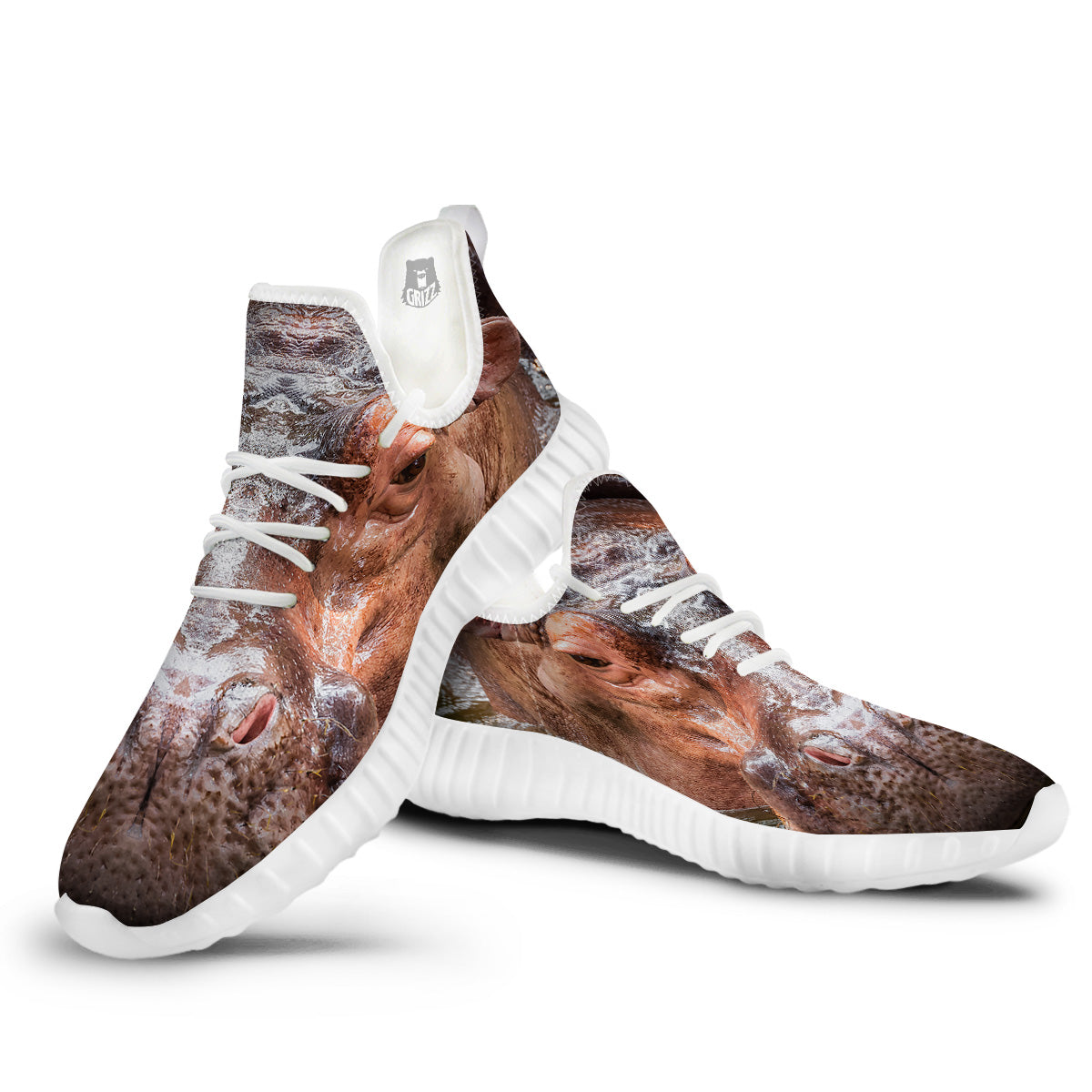 Portrait Hippo Print White Walking Shoes-grizzshop