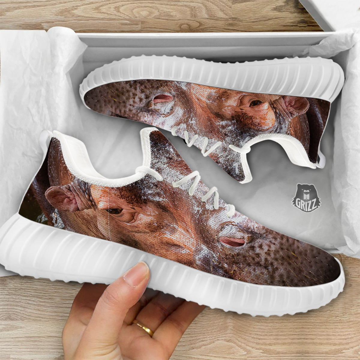 Portrait Hippo Print White Walking Shoes-grizzshop