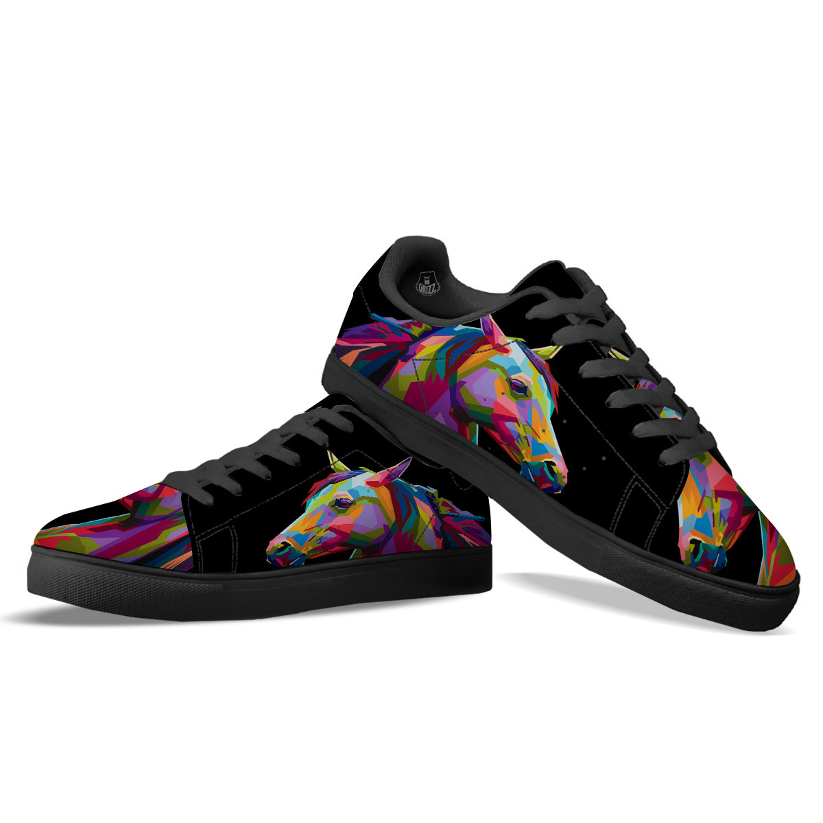 Portrait Horse Colorful Print Black Low Top Sneakers-grizzshop