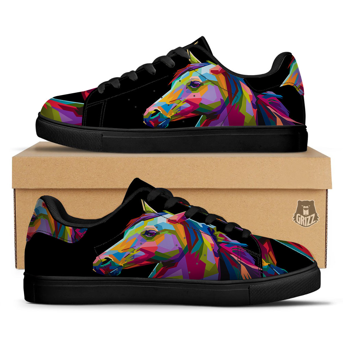 Portrait Horse Colorful Print Black Low Top Sneakers-grizzshop