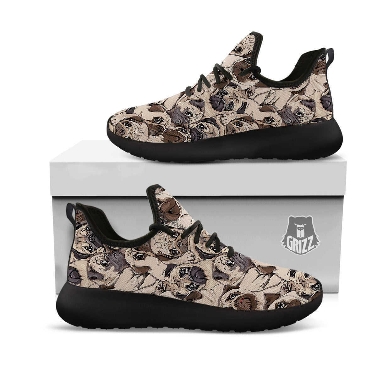 Portrait Pug Vintage Print Pattern Black Athletic Shoes-grizzshop