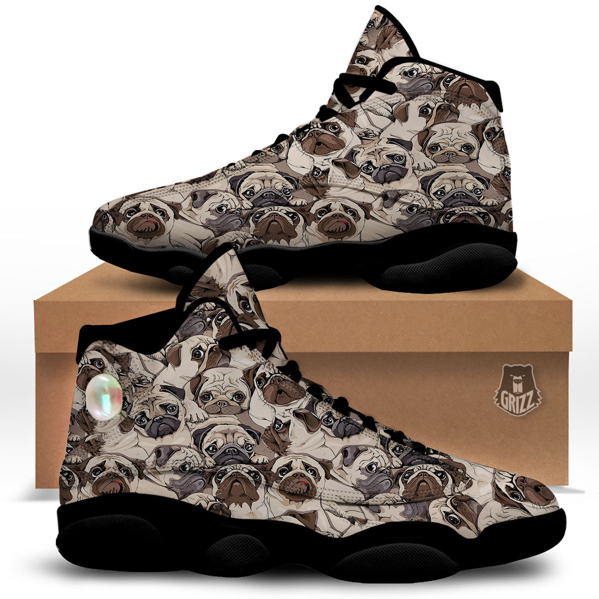 Portrait Pug Vintage Print Pattern Black Basketball Shoes-grizzshop