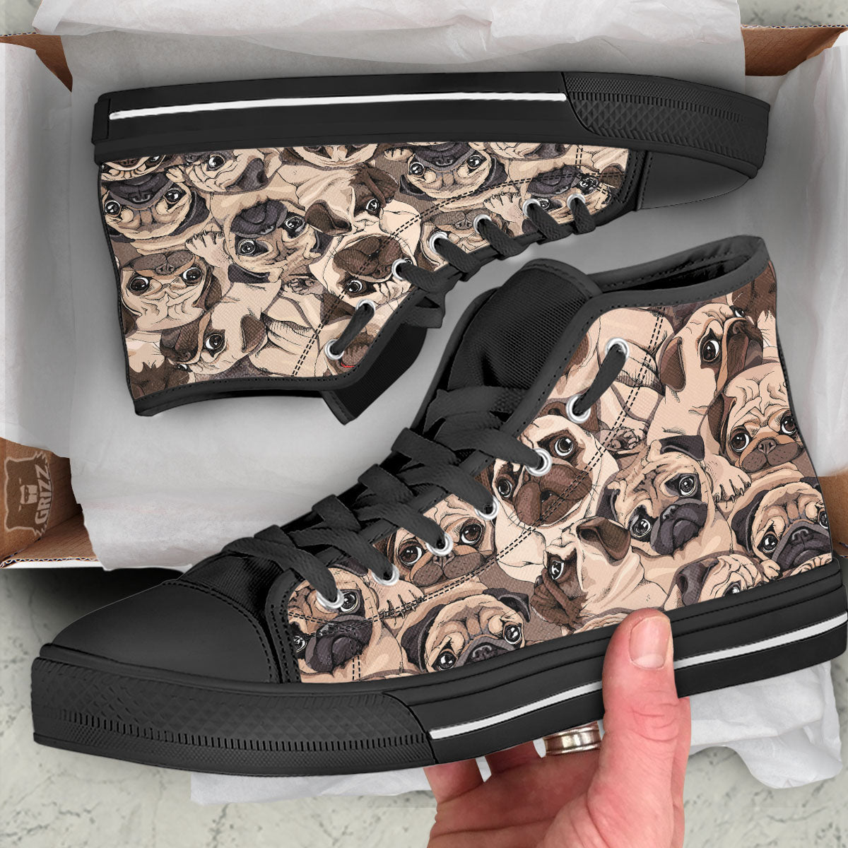 Portrait Pug Vintage Print Pattern Black High Top Shoes-grizzshop