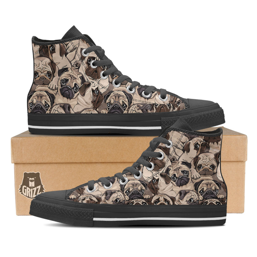 Portrait Pug Vintage Print Pattern Black High Top Shoes-grizzshop