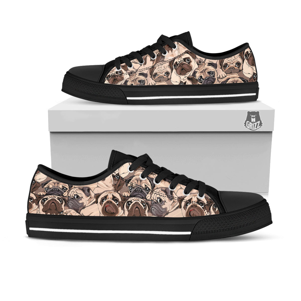 Portrait Pug Vintage Print Pattern Black Low Top Shoes-grizzshop