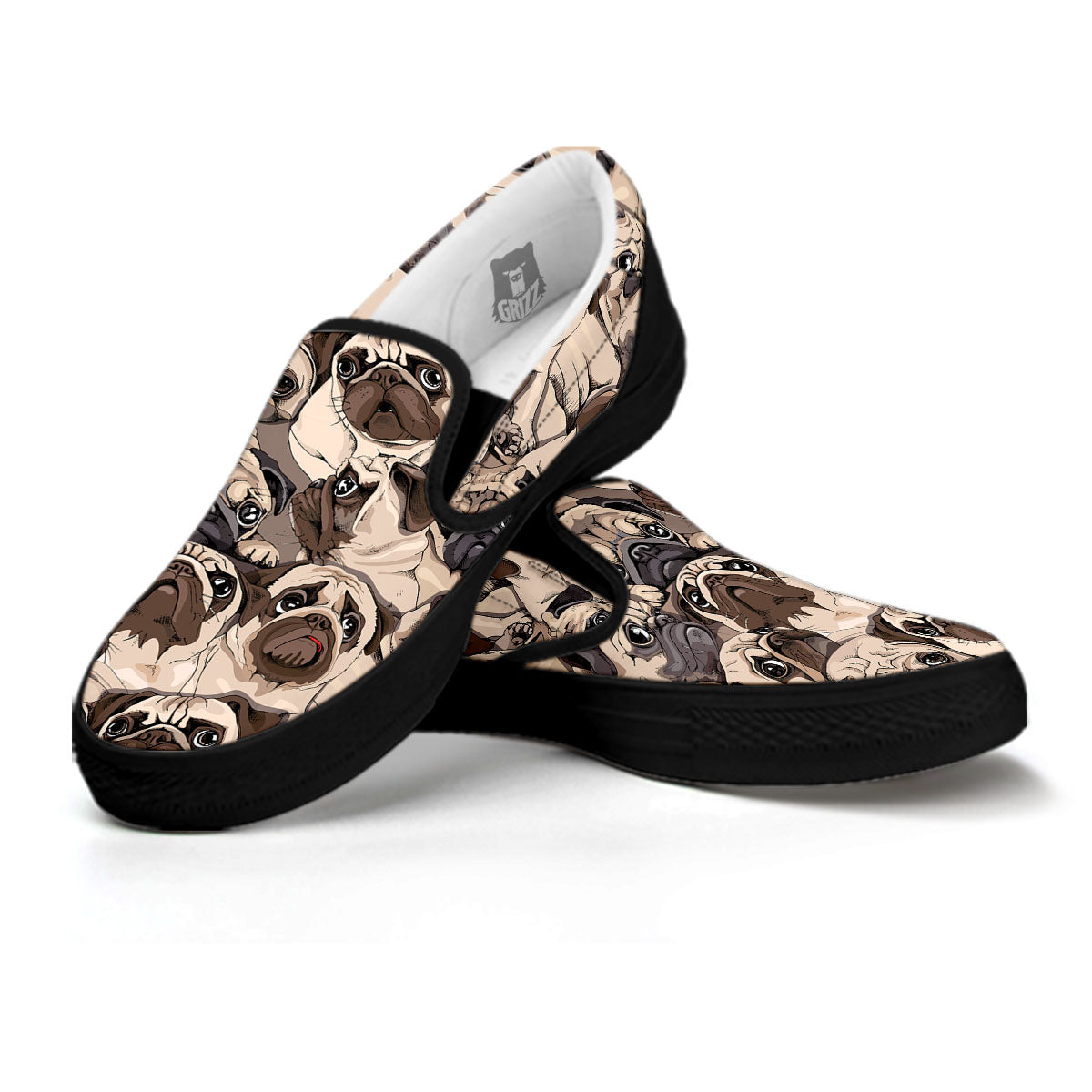 Portrait Pug Vintage Print Pattern Black Slip On Shoes-grizzshop