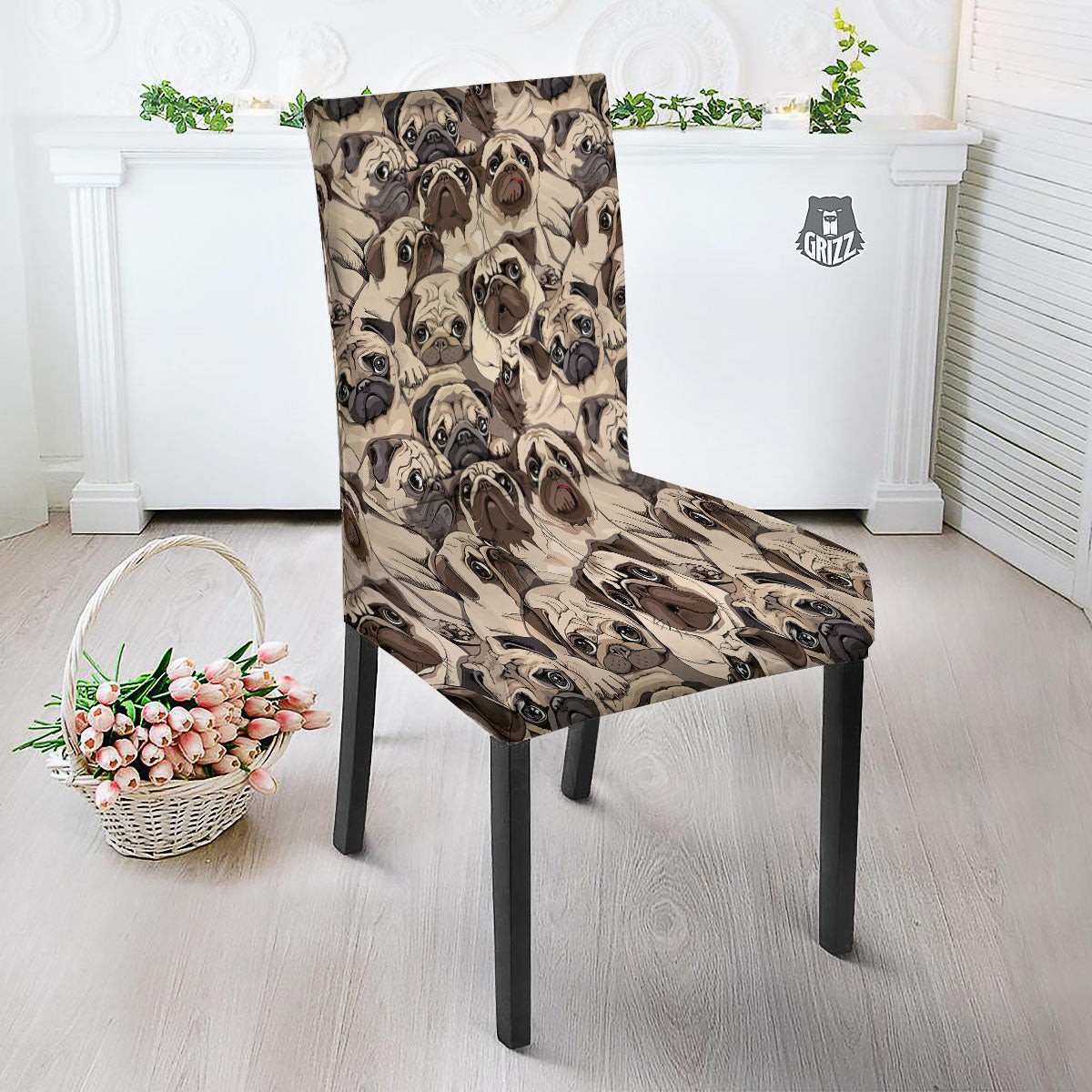 Portrait Pug Vintage Print Pattern Dining Chair Slipcover-grizzshop
