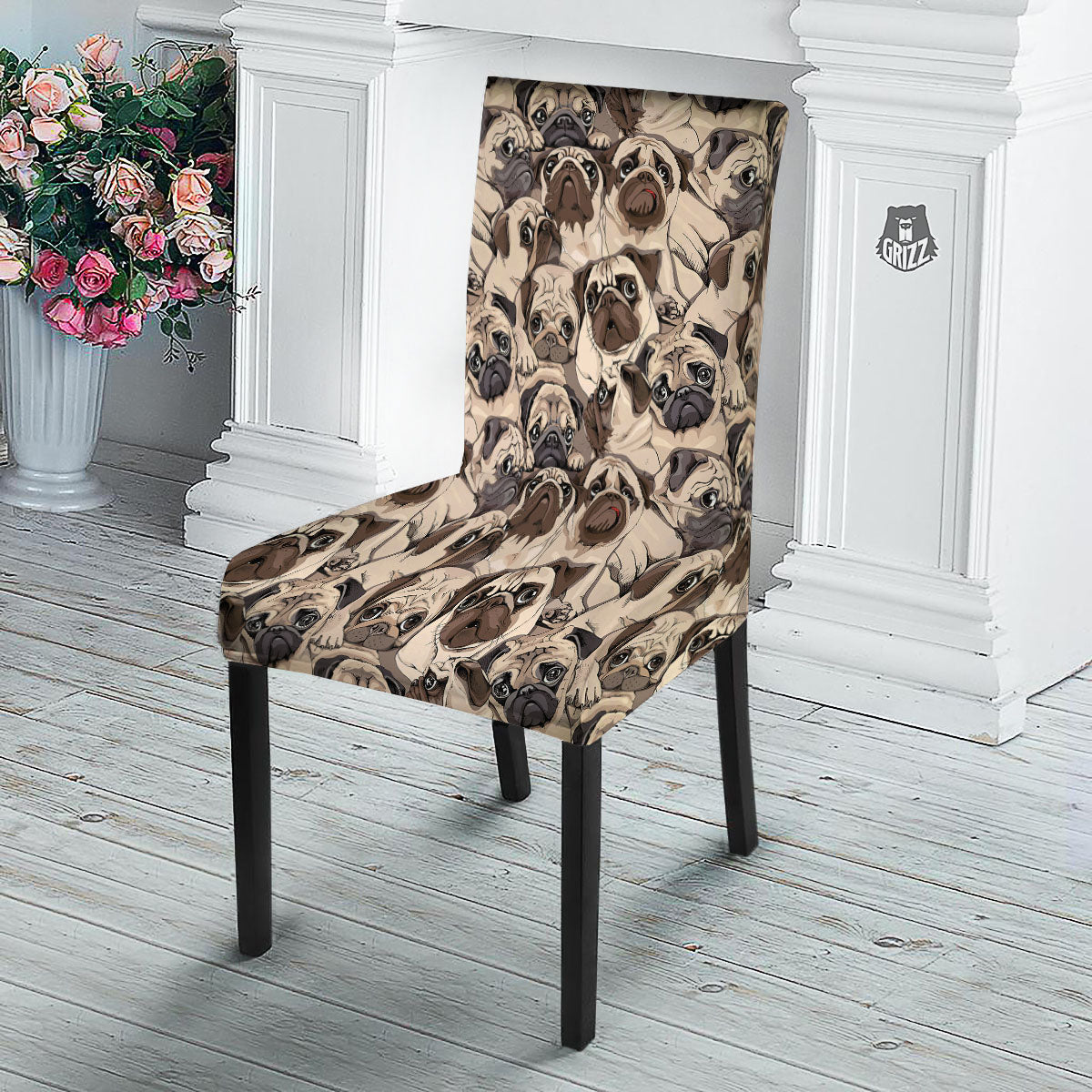 Portrait Pug Vintage Print Pattern Dining Chair Slipcover-grizzshop