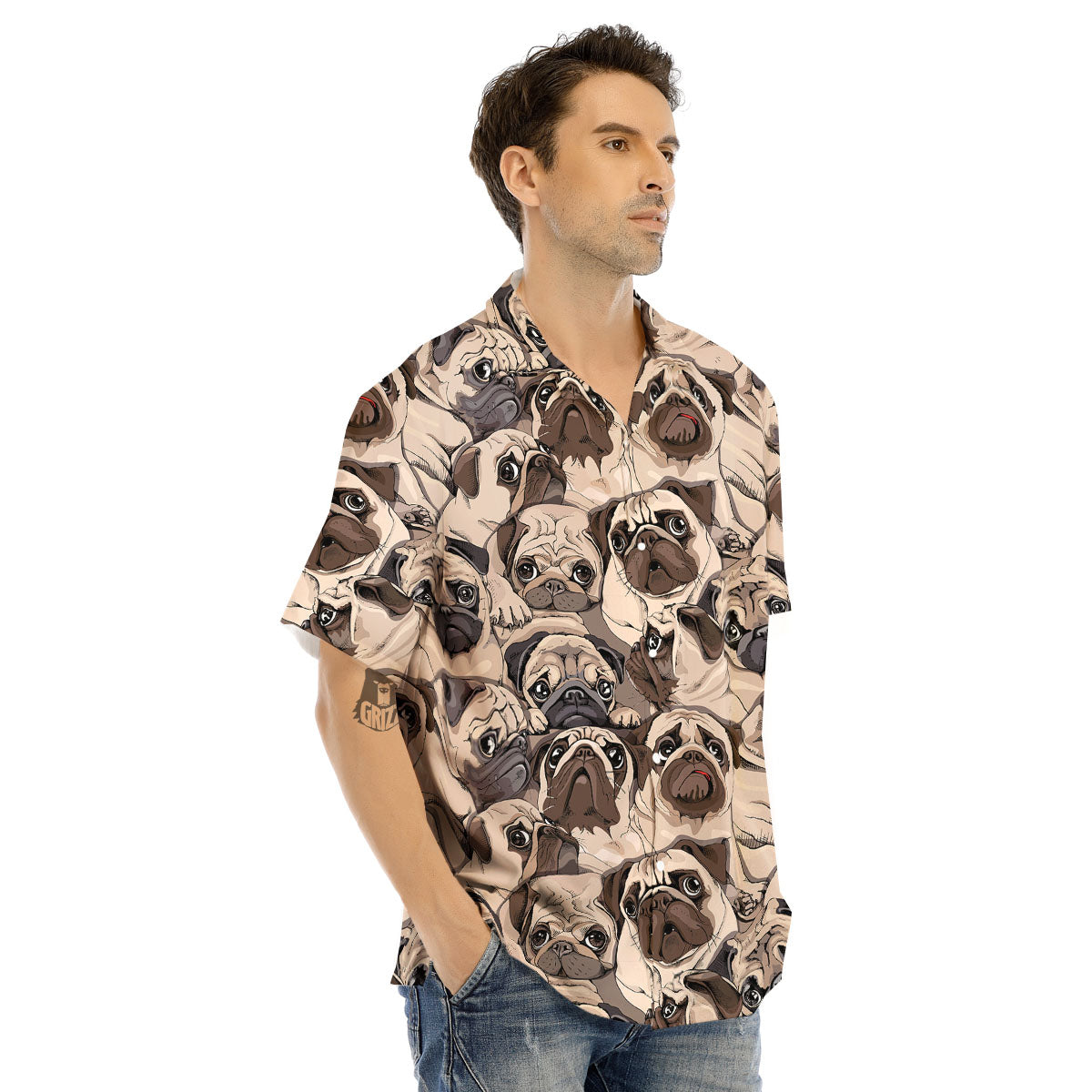 Portrait Pug Vintage Print Pattern Men's Hawaiian Shirt-grizzshop
